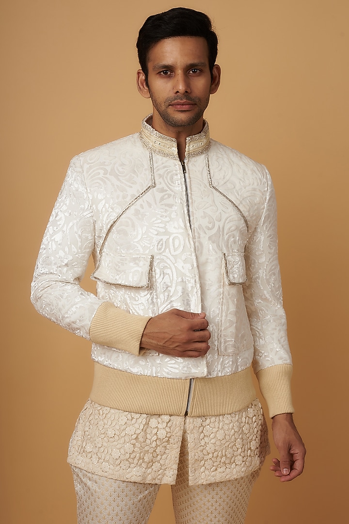 Ivory Velvet Printed Bomber Jacket Set by Dapper & Dare at Pernia's Pop Up Shop
