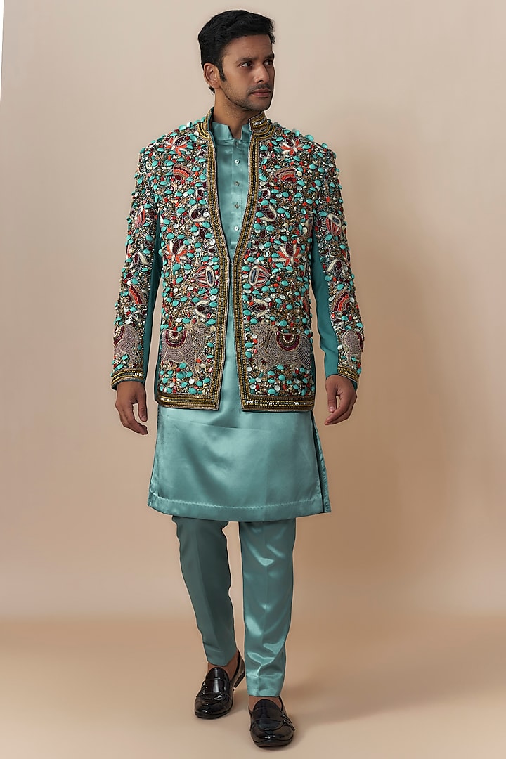 Blue Jute Cotton Blend Salli Embroidered Jacket Set by Dapper & Dare