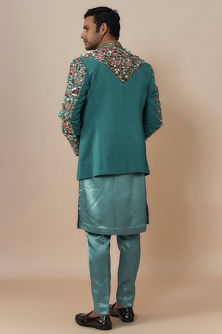 Blue Jute Cotton Blend Salli Embroidered Jacket Set by Dapper & Dare at Pernia's Pop Up Shop