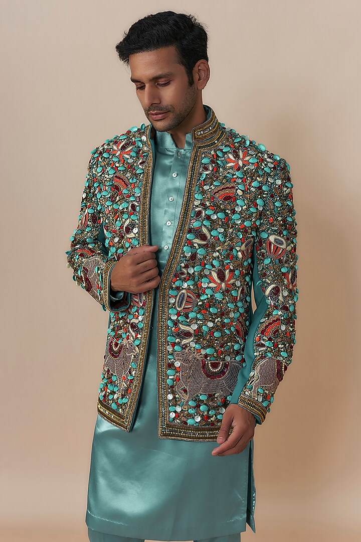 Blue Jute Cotton Blend Salli Embroidered Jacket Set by Dapper & Dare at Pernia's Pop Up Shop