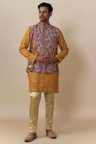 Haldi yellow Jute Cotton Blend Jaal Embroidered Bundi Jacket Set by Dapper & Dare