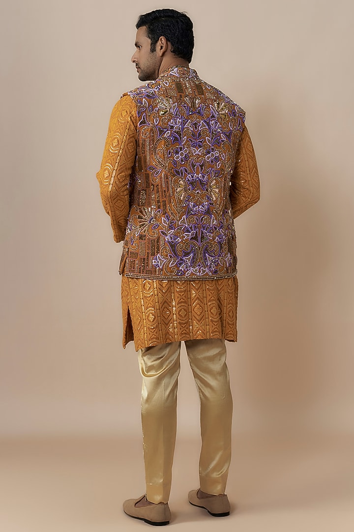 Haldi yellow Jute Cotton Blend Jaal Embroidered Bundi Jacket Set by Dapper & Dare at Pernia's Pop Up Shop