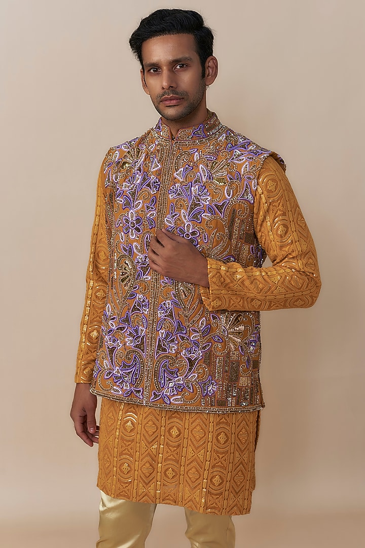 Haldi yellow Jute Cotton Blend Jaal Embroidered Bundi Jacket Set by Dapper & Dare at Pernia's Pop Up Shop