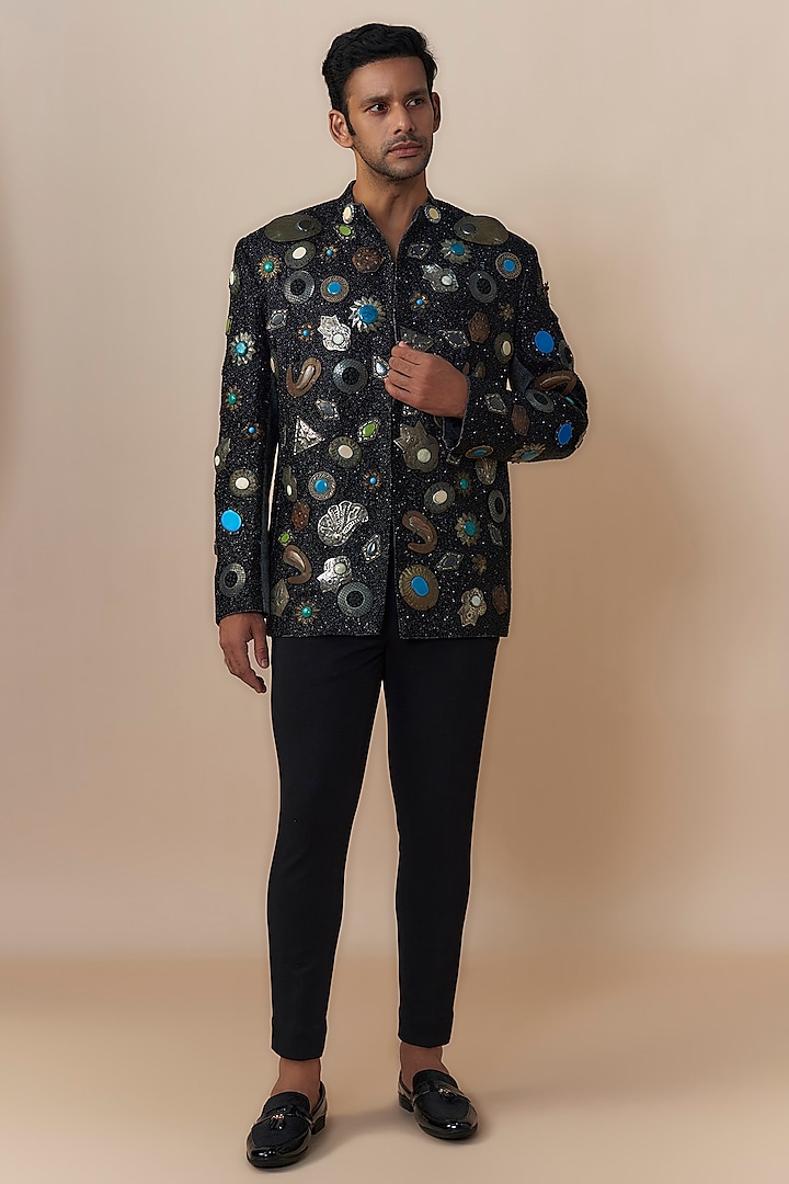 Black Jute Cotton Blend Embroidered Jacket Set by Dapper & Dare