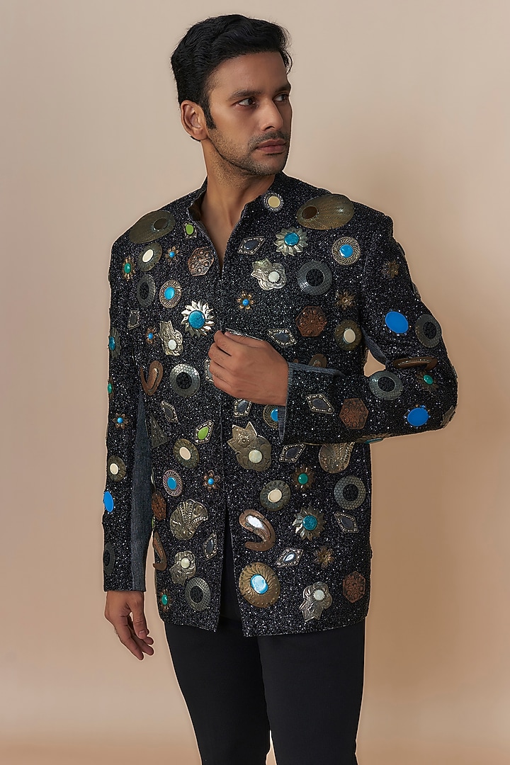 Black Jute Cotton Blend Embroidered Jacket Set by Dapper & Dare at Pernia's Pop Up Shop