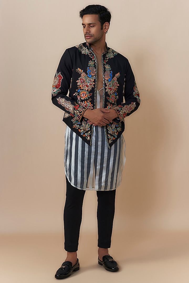 Black Jute Cotton Blend Resham Embroidered Jacket Set by Dapper & Dare at Pernia's Pop Up Shop