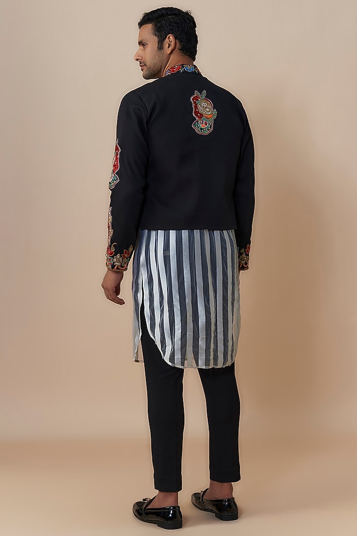 Black Jute Cotton Blend Resham Embroidered Jacket Set by Dapper & Dare at Pernia's Pop Up Shop