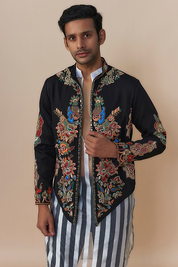 Black Jute Cotton Blend Resham Embroidered Jacket Set by Dapper & Dare at Pernia's Pop Up Shop