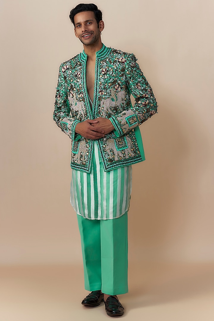 Green Japanese Crepe Crystal Bead Embroidered Jacket Set by Dapper & Dare