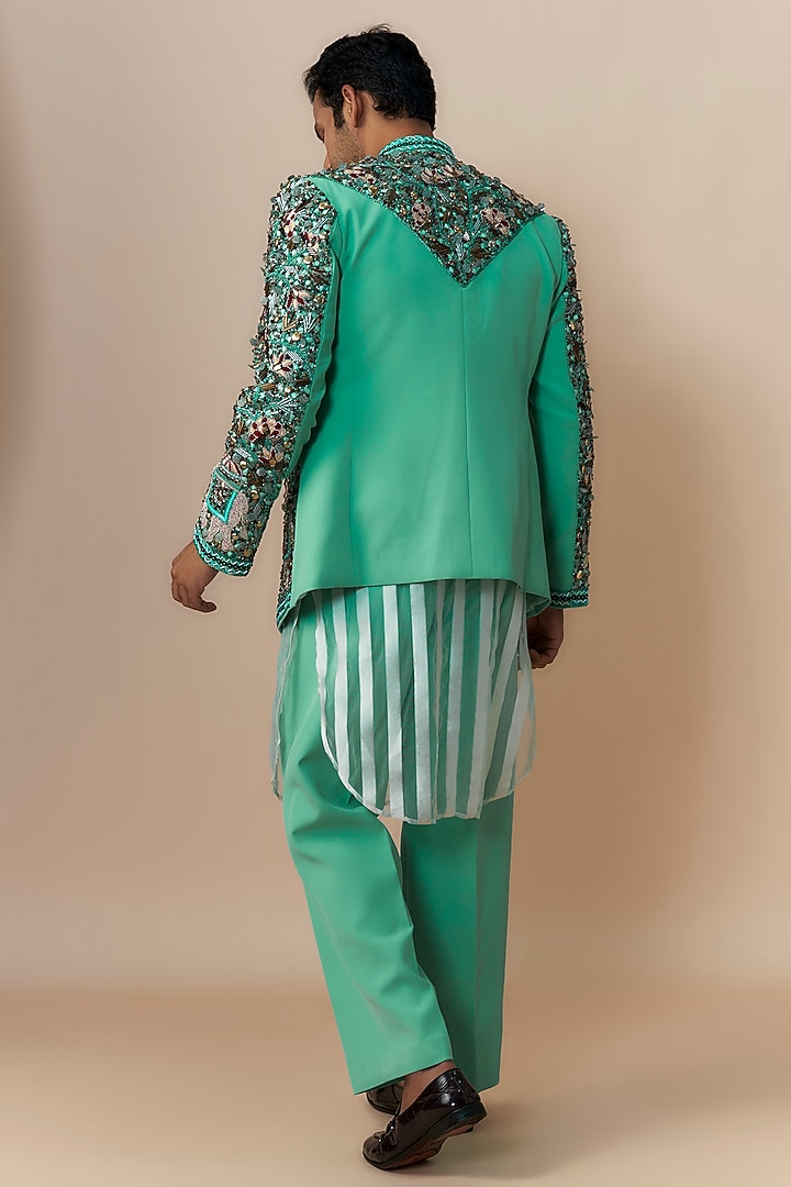 Green Japanese Crepe Crystal Bead Embroidered Jacket Set by Dapper & Dare at Pernia's Pop Up Shop