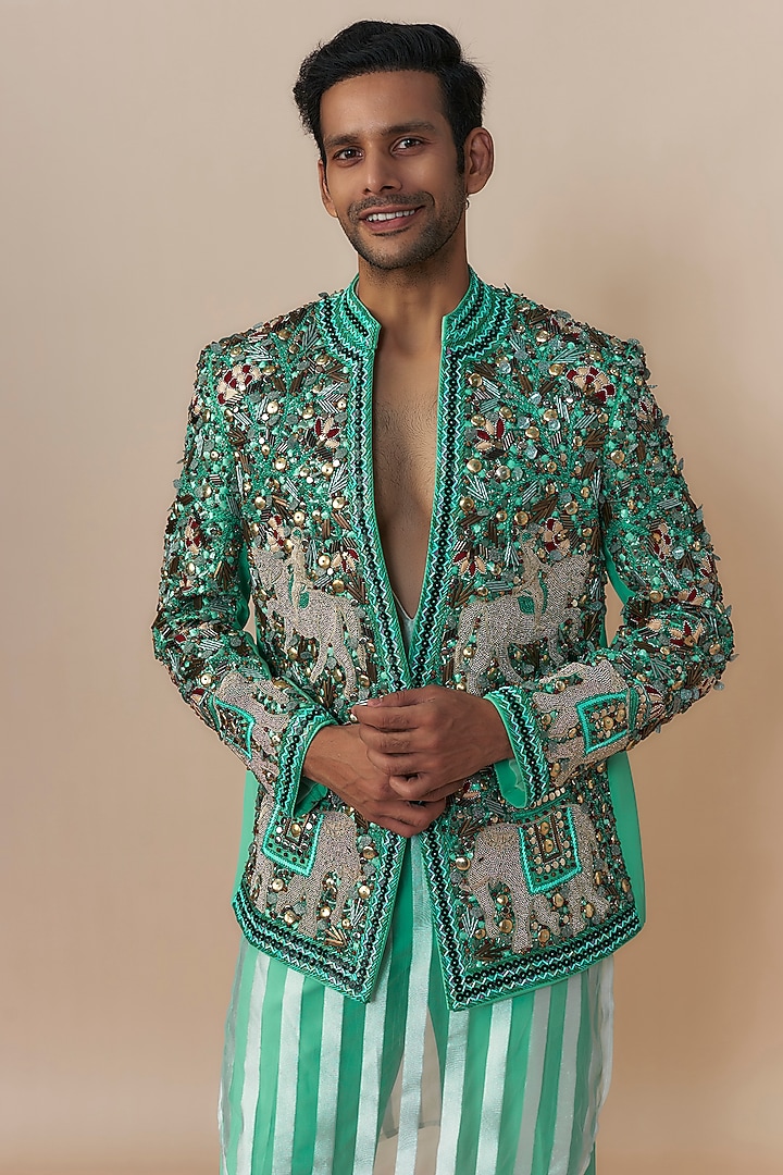 Green Japanese Crepe Crystal Bead Embroidered Jacket Set by Dapper & Dare at Pernia's Pop Up Shop