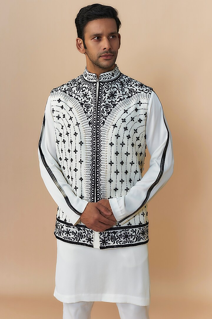 White Japanese Crepe Hand & Machine Embroidered Bundi Jacket Set by Dapper & Dare at Pernia's Pop Up Shop