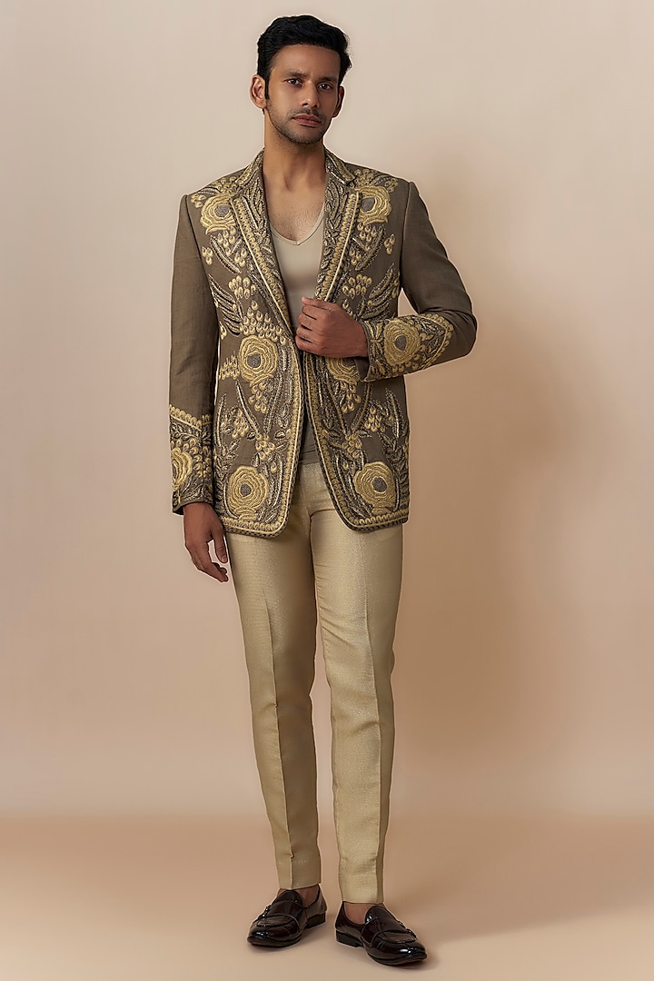 Brown Jute Cotton Blend Baroque Embroidered Jacket Set by Dapper & Dare at Pernia's Pop Up Shop