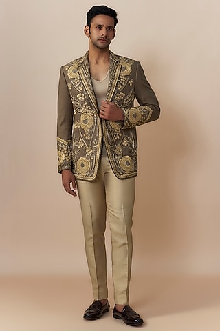 Brown Jute Cotton Blend Baroque Embroidered Jacket Set by Dapper & Dare