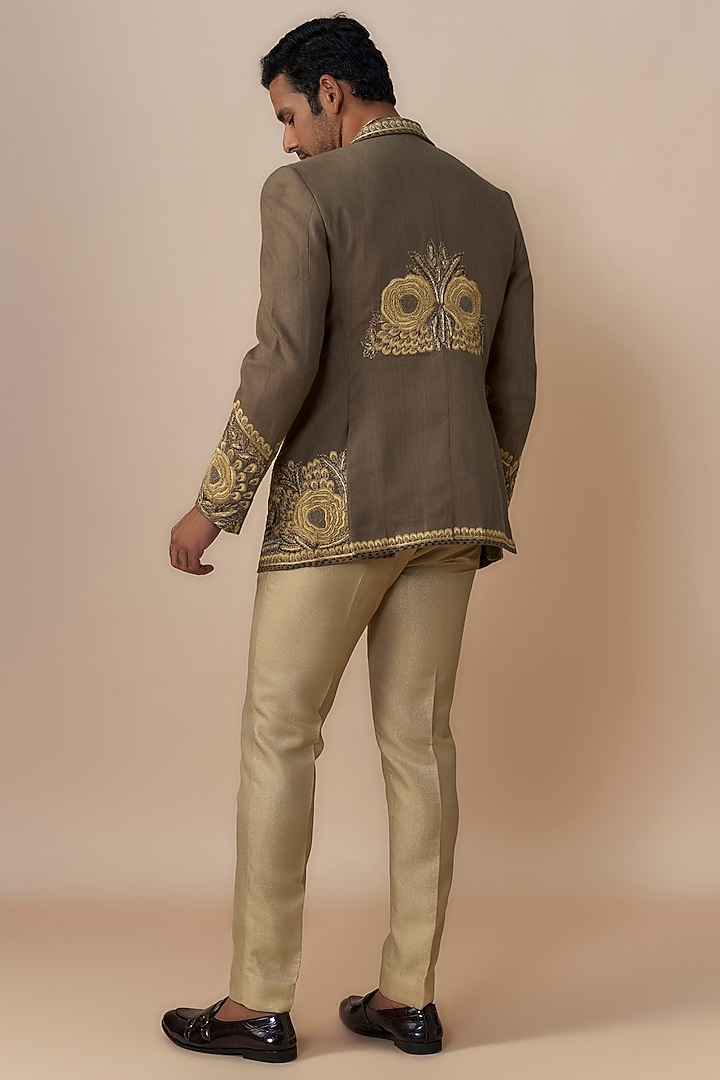 Brown Jute Cotton Blend Baroque Embroidered Jacket Set by Dapper & Dare at Pernia's Pop Up Shop