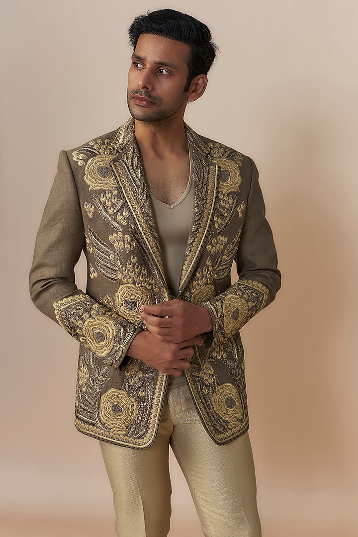 Brown Jute Cotton Blend Baroque Embroidered Jacket Set by Dapper & Dare at Pernia's Pop Up Shop