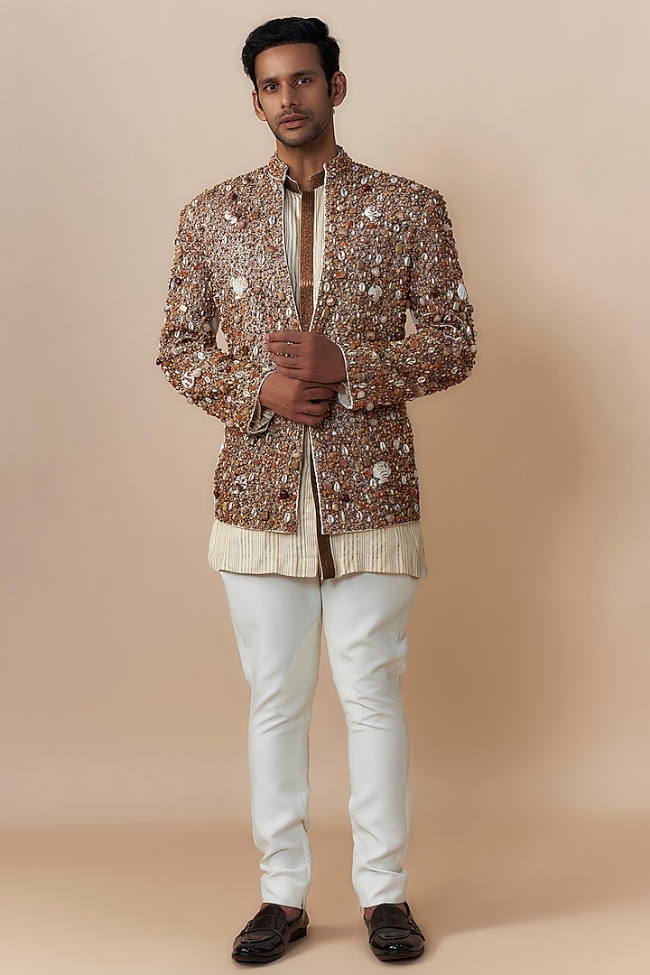 Ivory Jute Cotton Blend Shell Embroidered Jacket Set by Dapper & Dare at Pernia's Pop Up Shop