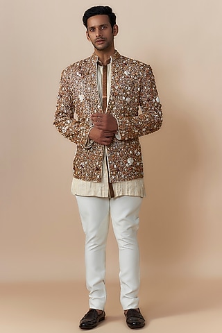 Ivory Jute Cotton Blend Shell Embroidered Jacket Set by Dapper & Dare
