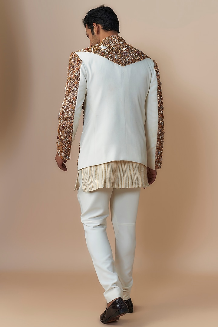 Ivory Jute Cotton Blend Shell Embroidered Jacket Set by Dapper & Dare at Pernia's Pop Up Shop