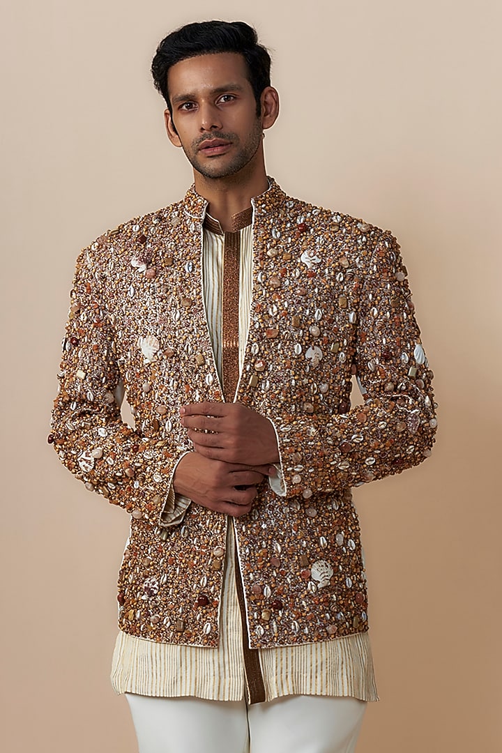 Ivory Jute Cotton Blend Shell Embroidered Jacket Set by Dapper & Dare at Pernia's Pop Up Shop