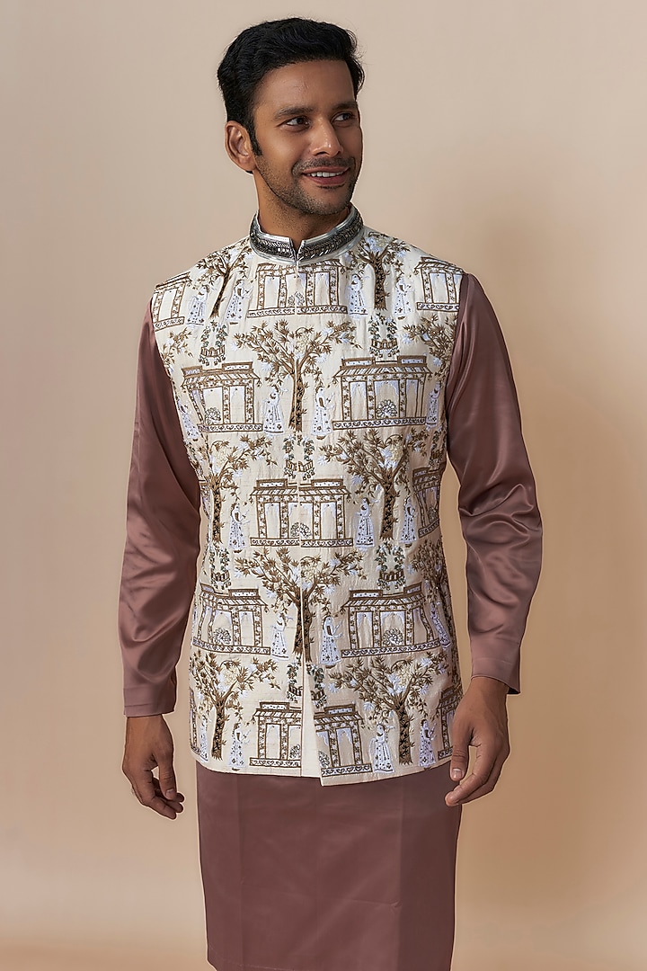 White Raw Silk Hand & Machine Embroidered Bundi Jacket Set by Dapper & Dare at Pernia's Pop Up Shop