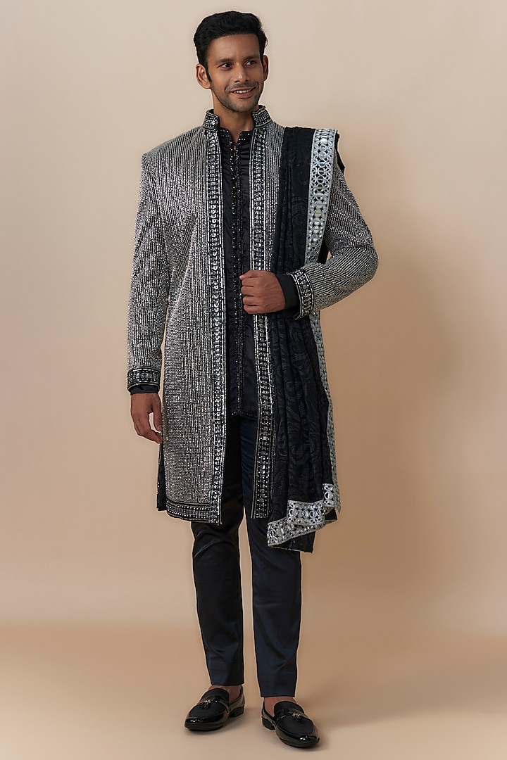 Black & Silver Georgette Glass Sequins Embroidered Groom Sherwani Set by Dapper & Dare at Pernia's Pop Up Shop