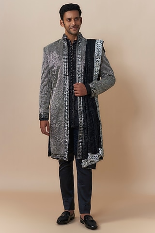 Black & Silver Georgette Glass Sequins Embroidered Sherwani Set by Dapper & Dare