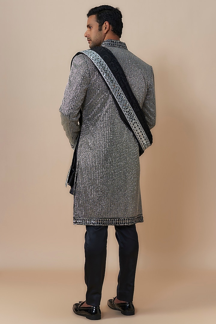 Black & Silver Georgette Glass Sequins Embroidered Groom Sherwani Set by Dapper & Dare at Pernia's Pop Up Shop