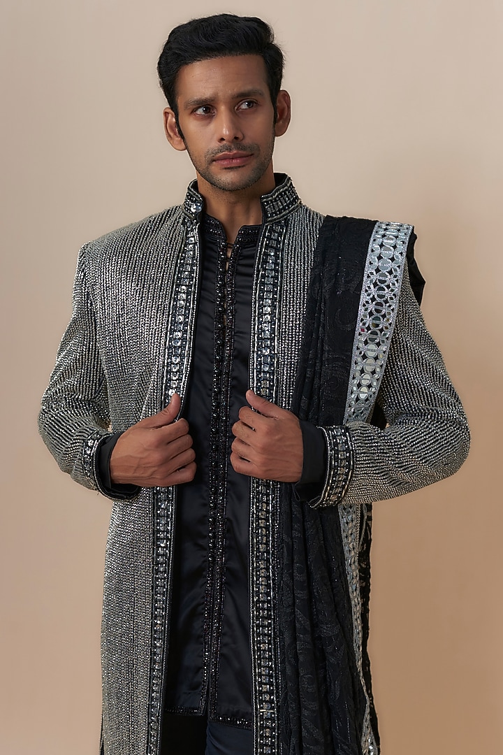 Black & Silver Georgette Glass Sequins Embroidered Groom Sherwani Set by Dapper & Dare at Pernia's Pop Up Shop