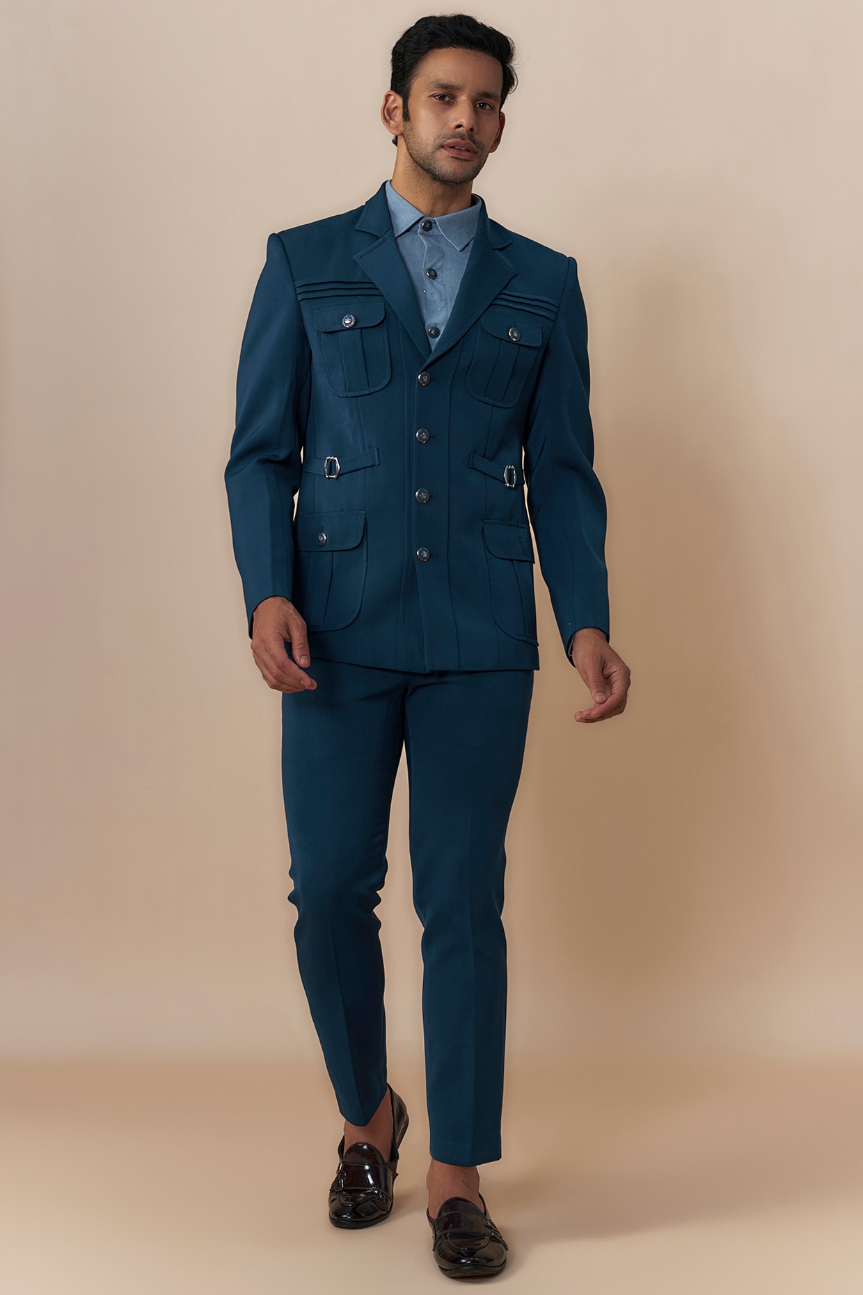 Blue Japanese Crepe Safari Jacket Set by Dapper & Dare at Pernia's