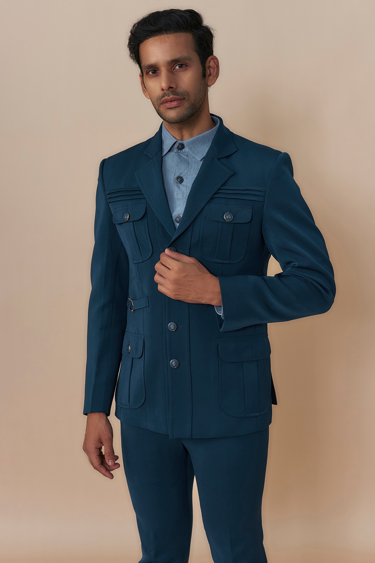 Blue Japanese Crepe Safari Jacket Set by Dapper & Dare at Pernia's