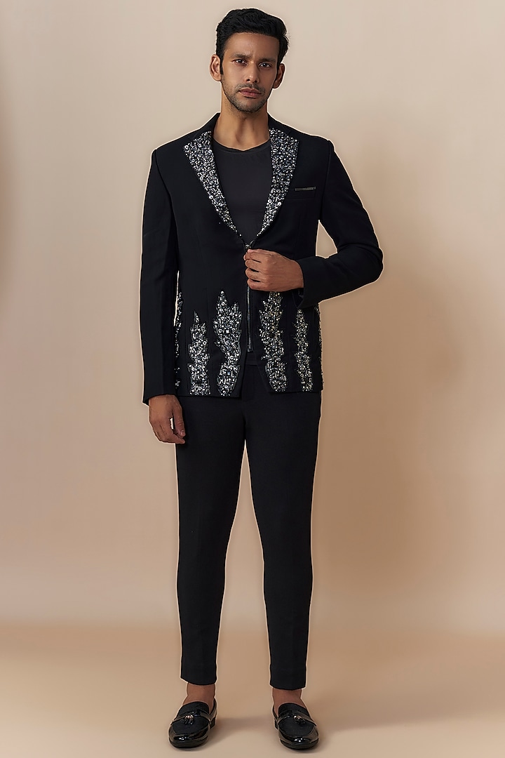 Black Japanese Crepe Crystal Bead Embroidered Jacket Set by Dapper & Dare