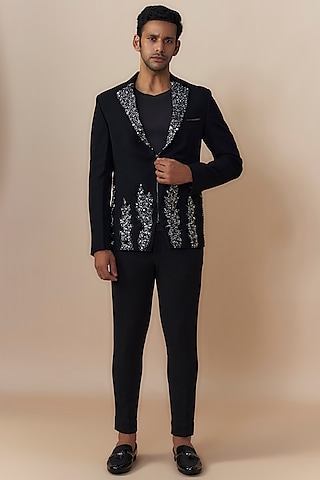 Black Japanese Crepe Crystal Bead Embroidered Jacket Set by Dapper & Dare