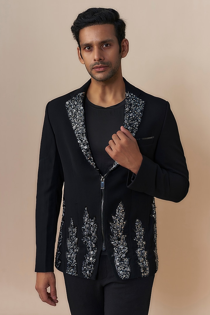 Black Japanese Crepe Crystal Bead Embroidered Jacket Set by Dapper & Dare at Pernia's Pop Up Shop