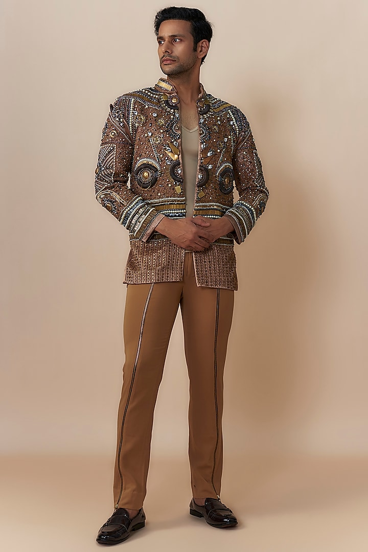 Bronze Cotton Silk Blend Crystal Bead Embroidered Jacket Set by Dapper & Dare