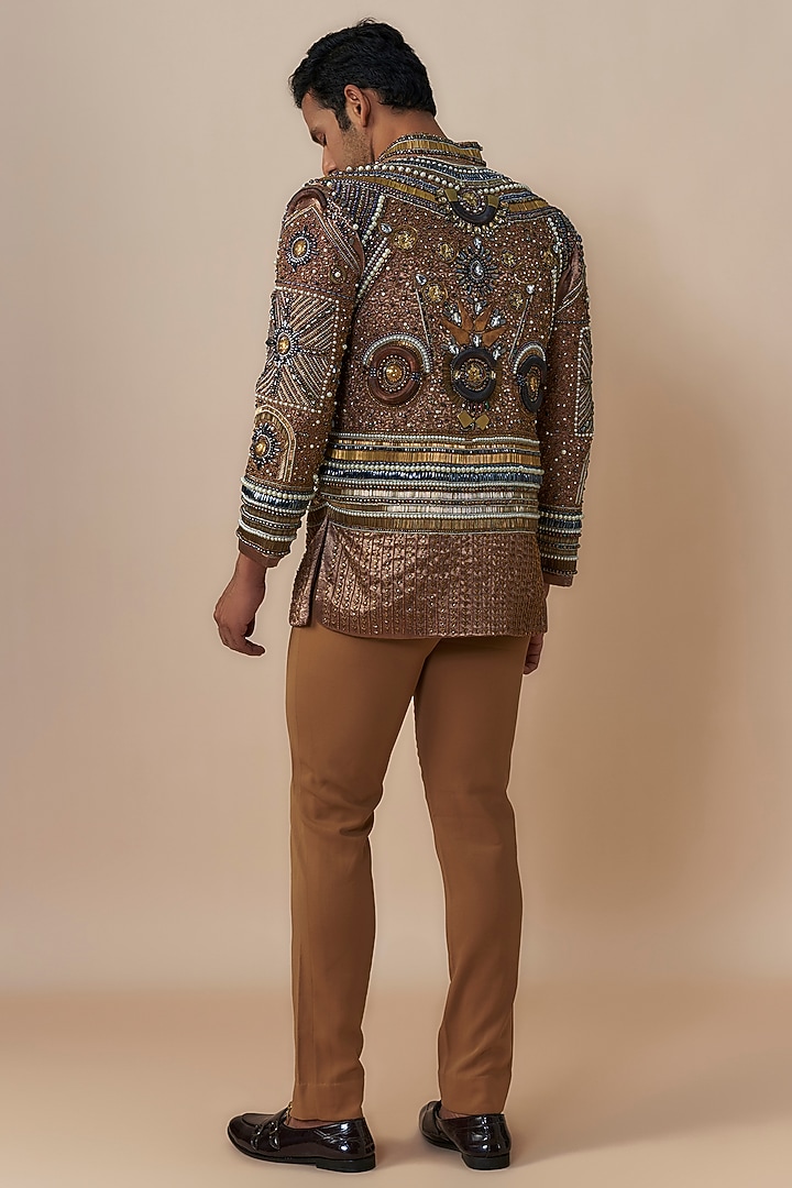 Bronze Cotton Silk Blend Crystal Bead Embroidered Jacket Set by Dapper & Dare at Pernia's Pop Up Shop