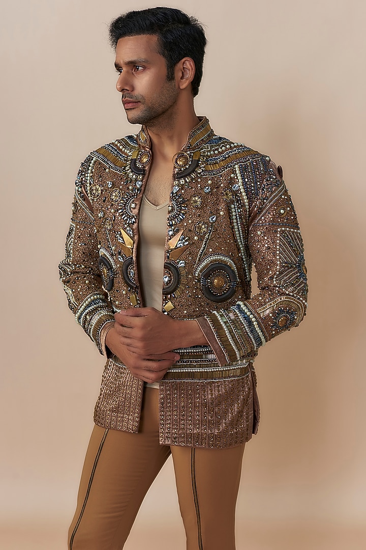 Bronze Cotton Silk Blend Crystal Bead Embroidered Jacket Set by Dapper & Dare at Pernia's Pop Up Shop