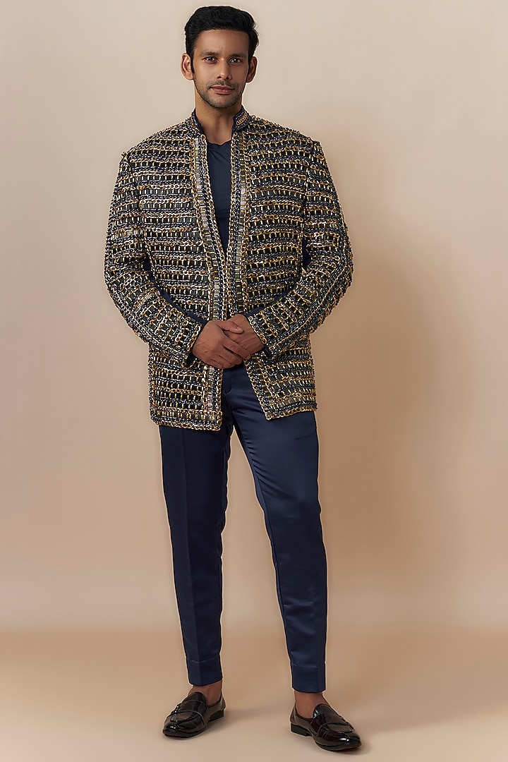 Blue Japanese Crepe Chain Embroidered Jacket Set by Dapper & Dare at Pernia's Pop Up Shop