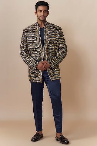Blue Japanese Crepe Chain Embroidered Jacket Set by Dapper & Dare