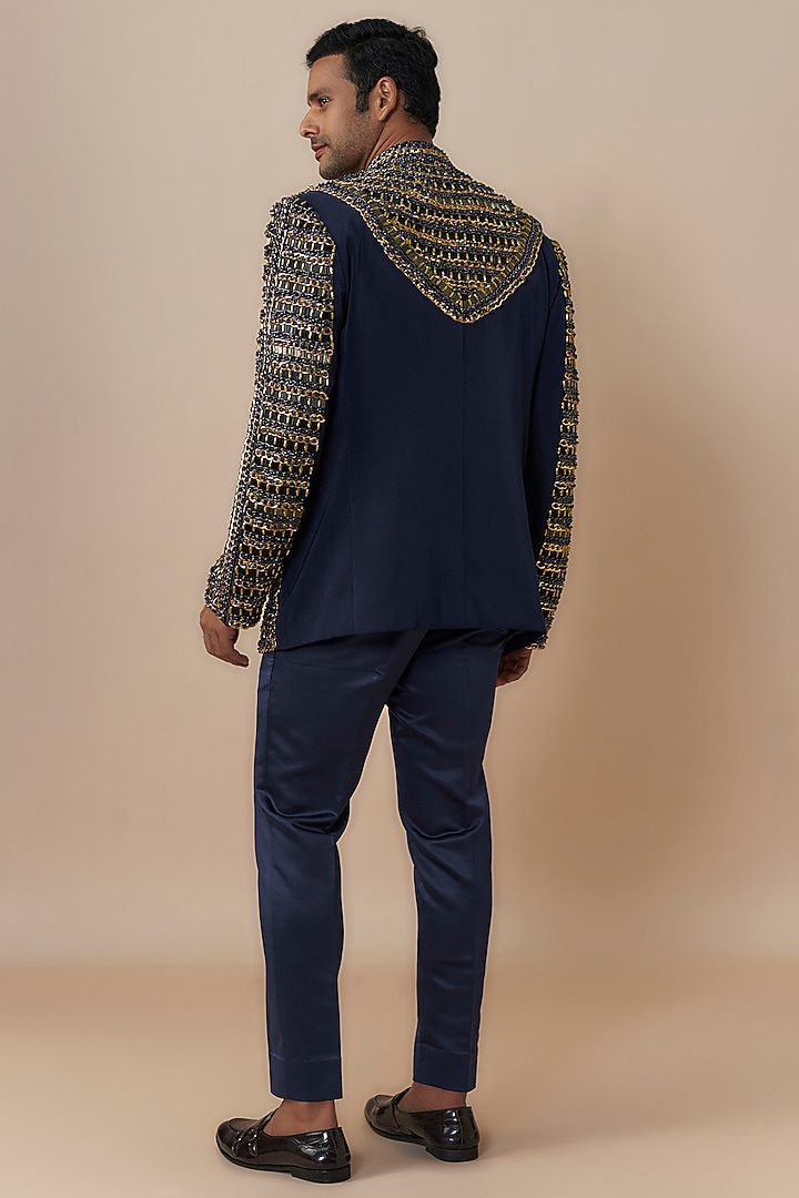 Blue Japanese Crepe Chain Embroidered Jacket Set by Dapper & Dare at Pernia's Pop Up Shop
