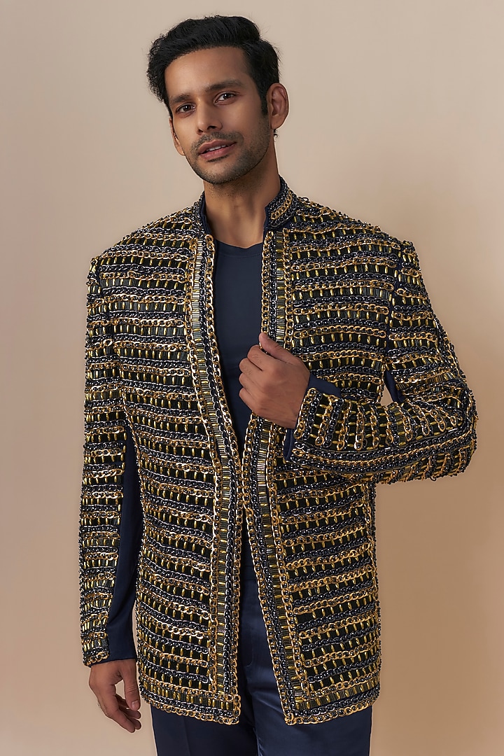 Blue Japanese Crepe Chain Embroidered Jacket Set by Dapper & Dare at Pernia's Pop Up Shop
