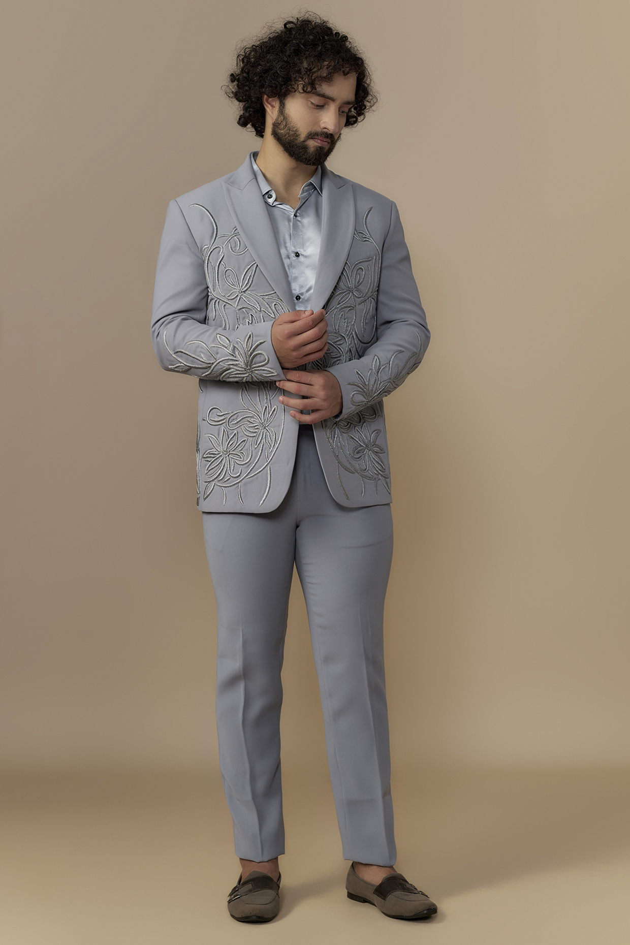 Grey British Twill Resham Embroidered Tuxedo Set by Dapper & Dare at Pernia's Pop Up Shop