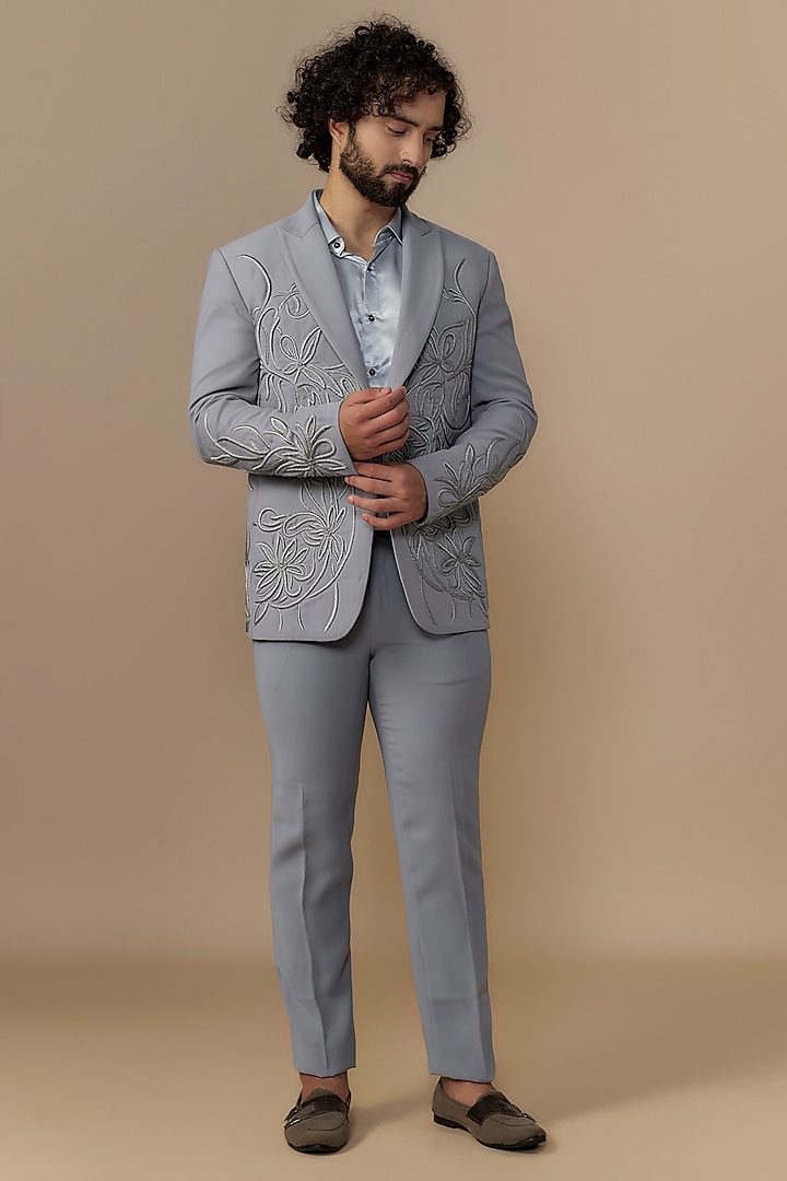 Grey British Twill Resham Embroidered Tuxedo Set by Dapper & Dare at Pernia's Pop Up Shop