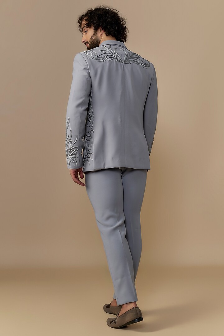 Grey British Twill Resham Embroidered Tuxedo Set by Dapper & Dare at Pernia's Pop Up Shop