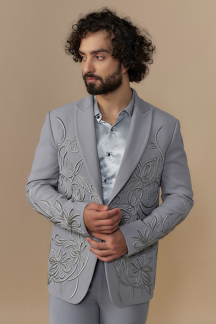 Grey British Twill Resham Embroidered Tuxedo Set by Dapper & Dare at Pernia's Pop Up Shop