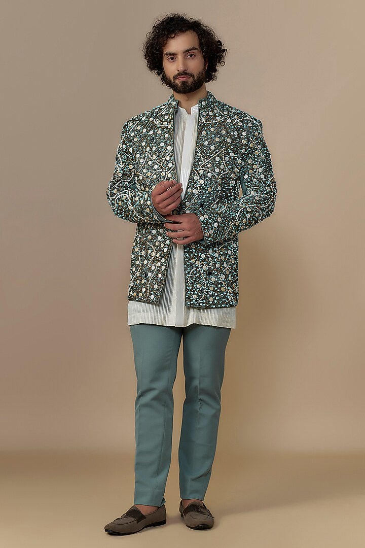 Green British Twill Crystal Embellished Indowestern Set by Dapper & Dare at Pernia's Pop Up Shop