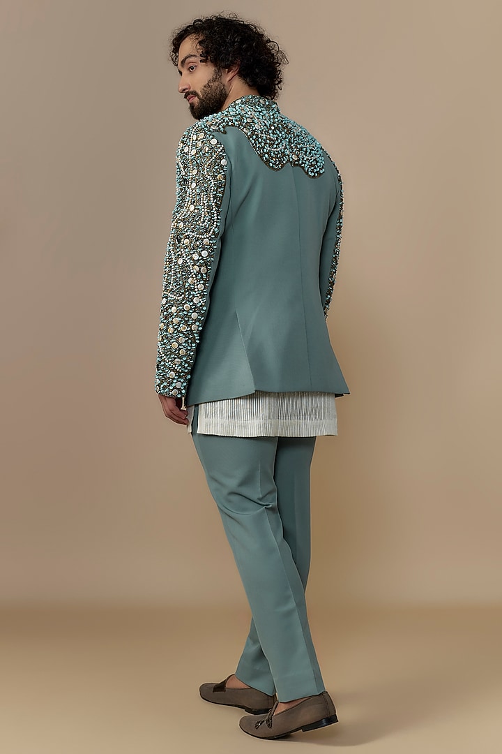 Green British Twill Crystal Embellished Indowestern Set by Dapper & Dare at Pernia's Pop Up Shop
