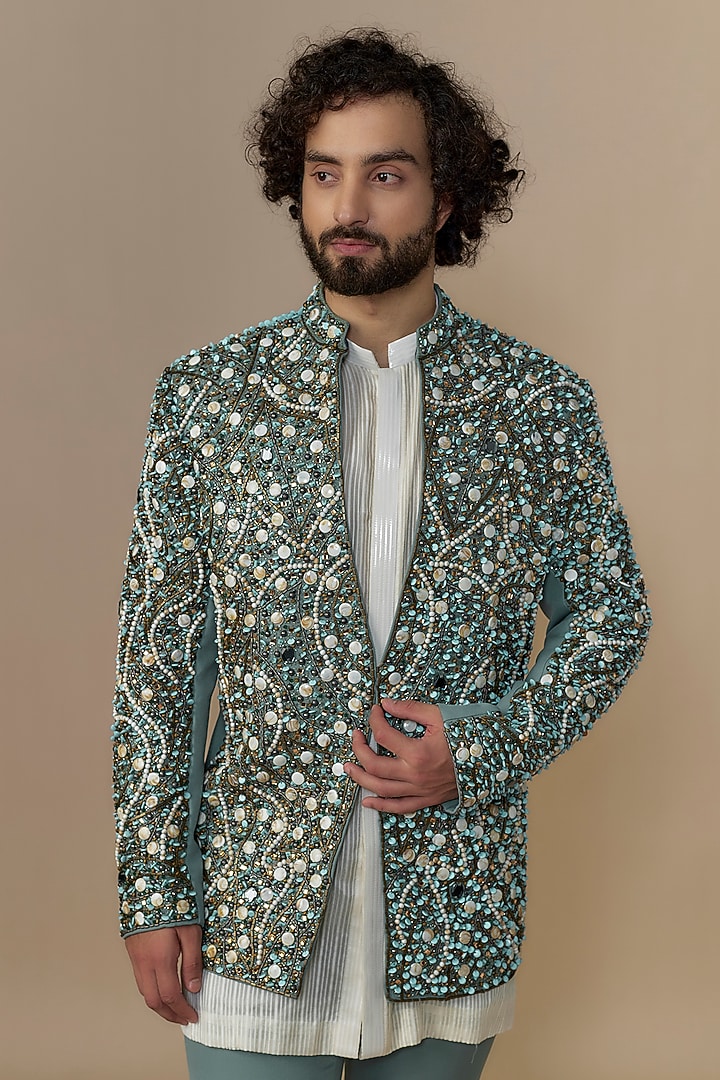Green British Twill Crystal Embellished Indowestern Set by Dapper & Dare at Pernia's Pop Up Shop