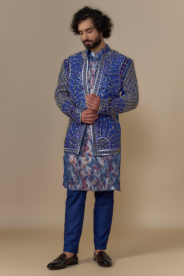 Blue British Twill Cutdana Embellished Indowestern Set by Dapper & Dare at Pernia's Pop Up Shop