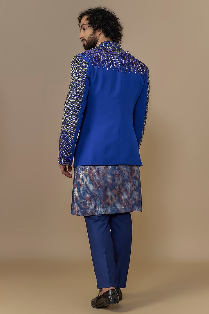 Blue British Twill Cutdana Embellished Indowestern Set by Dapper & Dare at Pernia's Pop Up Shop